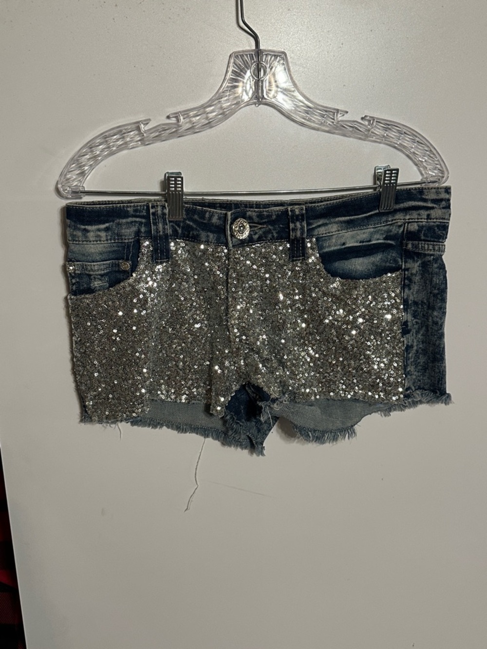 Daytrip Silver Sequin Denim Cutoff Shorts
